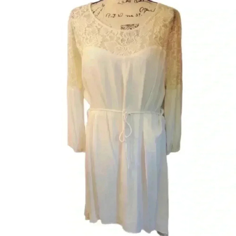 NWT Metaphor Cream Lace Puff Long Sleeve Tie Waist Dress